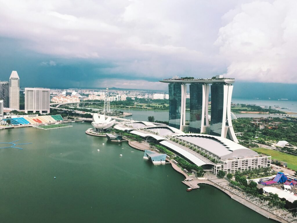 Singapore city center Marina Bay Sands and Singapore Flyer TOP view